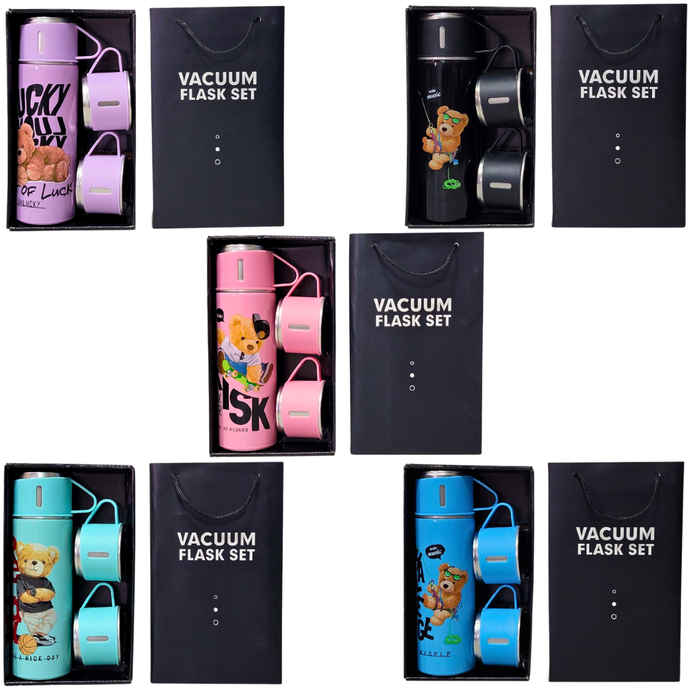 SET DE TERMO CON TAZAS DE ACERO INOXIDABLE 3 PIEZAS VACUUM FLASK 500ML 5 ESTILOS