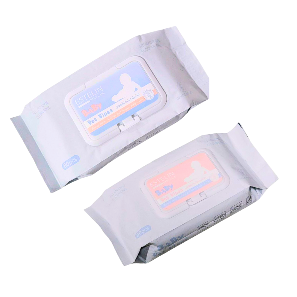 TOALLITAS HUMEDAS  PARA BEBE, LIMPIA HIDRATA Y SUAVIZA LA PIEL DEL BEBE SIN DEJAR RESIDUOS, SEGURAS PARA PIELES SENSIBLES ESTELIN BABY CARE 80UND