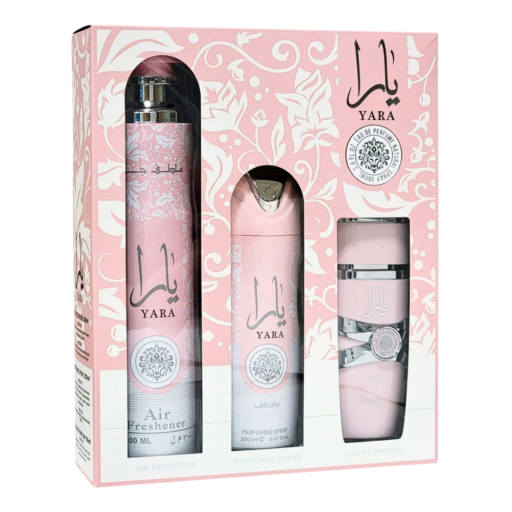 SET LATTAFA YARA EDP 100ML, AMBIENTAL PERFUMADO 300ML, BODY SPRAY 200ML (M)