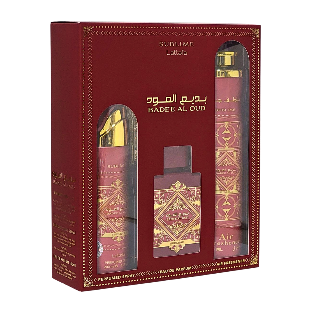 SET LATTAFA BADEE AL OUD SUBLIME EDP 100ML, AMBIENTAL PERFUMADO 300ML, BODY SPRAY 200ML (U)