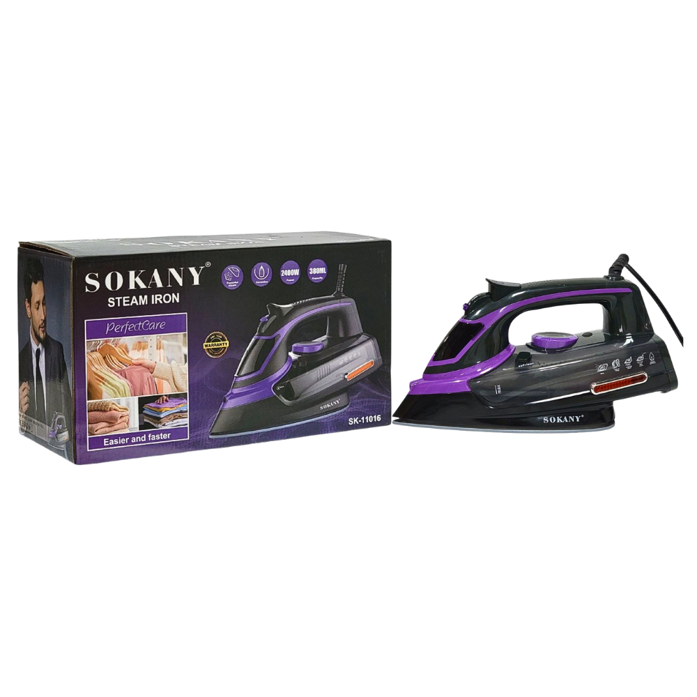 MAQUINA PLANCHA DE ROPA DE VAPOR, FUNCION SECO, VAPOR, AEROSOL, BOTON DE PULVERIZACION, SUELA DE CERAMICA, CONTROL DE TEMPERATURA, 2400W, TANQUE DE AGUA 380ML SOKANY SK-11016