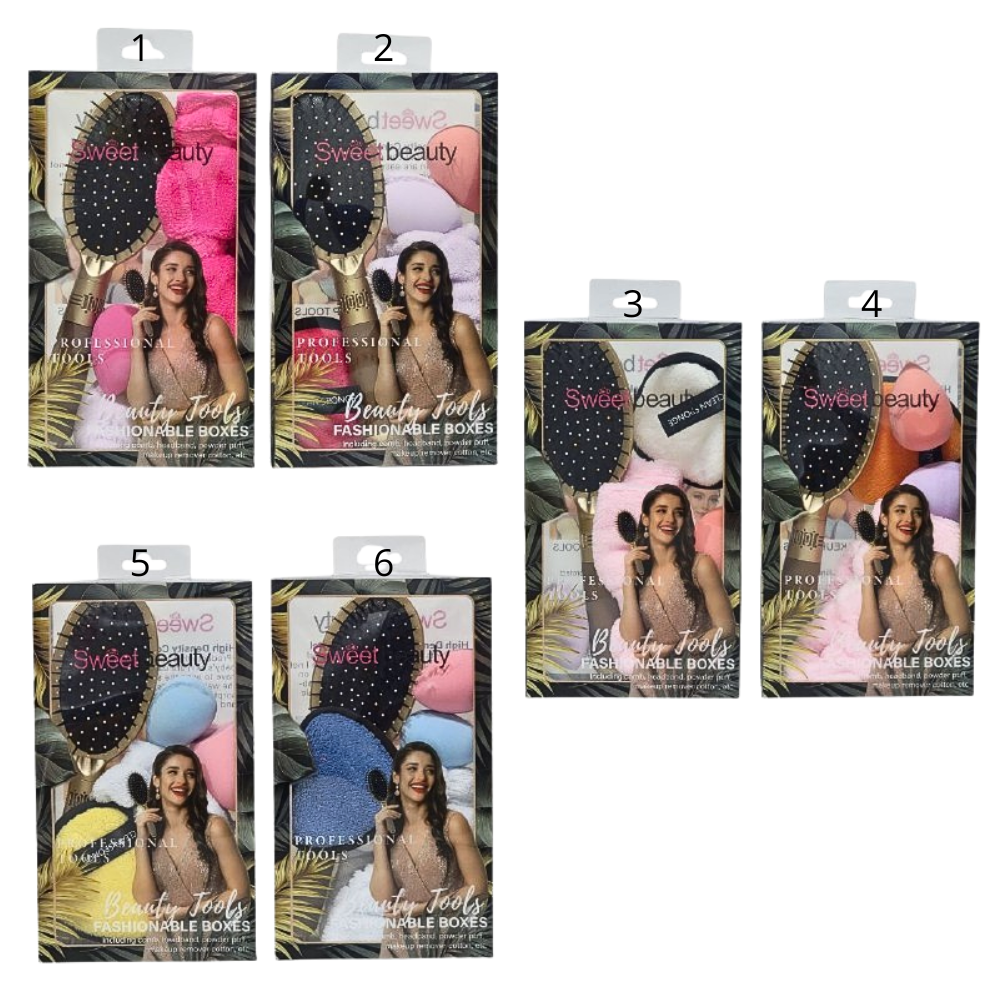 KIT DE CUIDADO FACIAL Y DE CABELLO, CEPILLO DESENREDANTE, ESPONJA MAQUILLAJE, ESPONJA LAVADO FACIAL, VINCHA ELASTICA SWEET BEAUTY, 6 COLORES