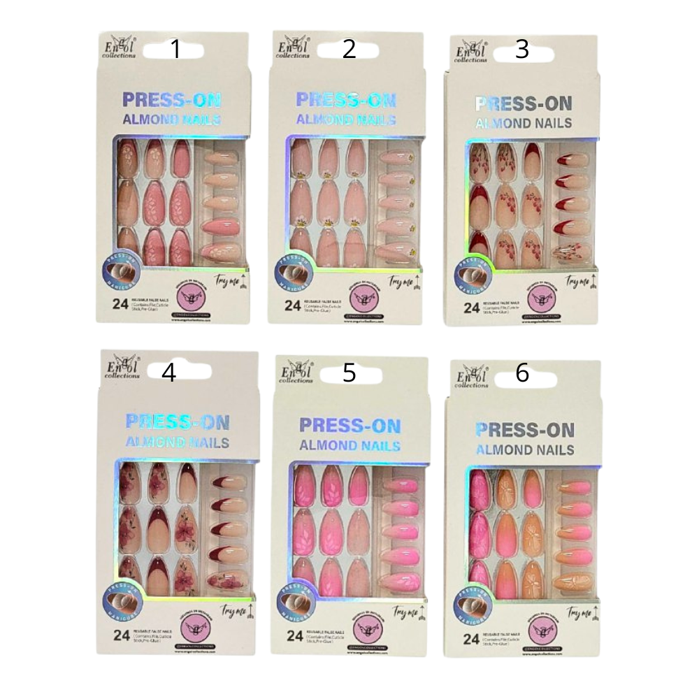 UÑAS PRESS ON, POSTIZAS REUTILIZABLES EN SET DE 24 UÑAS, LIMA, PAILLO PARA CUTICULA Y PEGAMENTO ENGOL COLLECTIONS