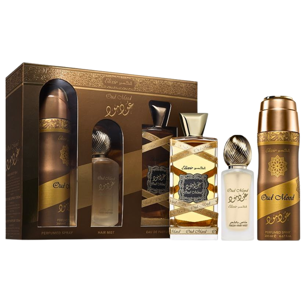 SET LATTAFA OUD MOOD ELIXIR EDP 100ML, BODY SPRAY 200ML, PERFUME PARA EL CABELLO 50ML (U)