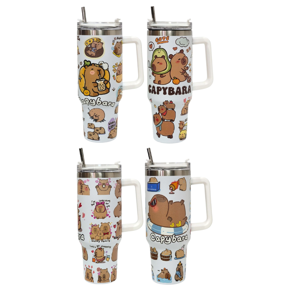 VASO TERMO DE ACERO INOXIDABLE CON ASA DISEÑO DE CAPIBARA,CAPYBARA CON SORBETE Y MUCHO ESTILO 1200ML