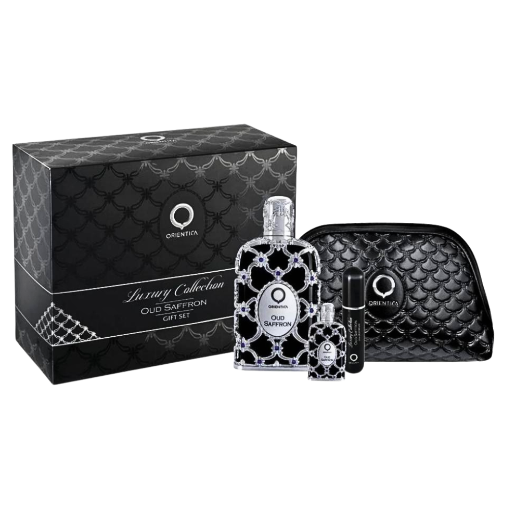 SET ORIENTICA OUD SAFFRON GIFT SET EDP 80ML, MINI EDP 7.5ML, DISPENSADOR PERFUME, BOLSA DE REGALO (H)