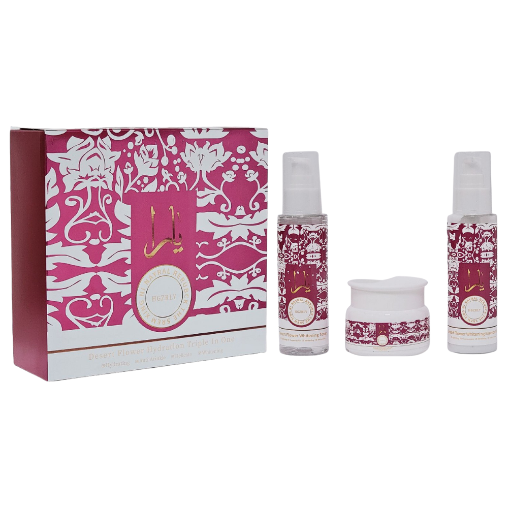 CREMA FACIAL EN SET DE CUIDADO FACIAL, HIDRATACION TRIPLE EN UNO FLOR DEL DESIERTO ANTIARRUGAS Y BLANQUEADOR, TONICO 100ML, LECHE ESENCIAL 100ML, CREMA FACIAL 50G HGZRLY DUPE DE LATTAFA YARA CANDY