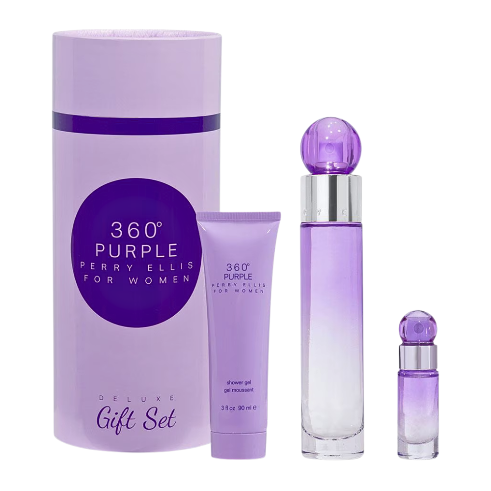 SET PERRY ELLIS 360 PURPLE FOR WOMEN ROSE EDP 100ML, MINI EDP 7.5ML, SHOWER GEL 90ML (M)