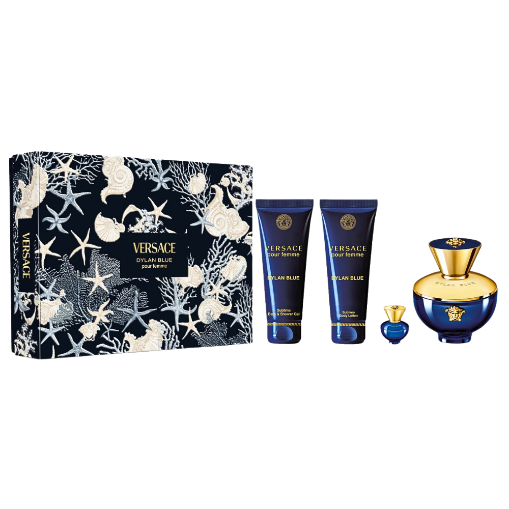 SET VERSACE DYLAN BLUE POUR FEMME EDP 100ML, MINI EDP 5ML, BODY LOTION 100ML, SHOWER GEL 100ML (M)
