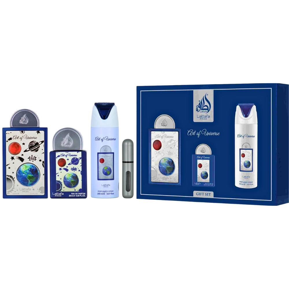 SET LATTAFA PRIDE ART OF UNIVERSE EDP 100ML, MINI EDP 20ML, BODY SPRAY 200ML, ATOMIZADOR (H)