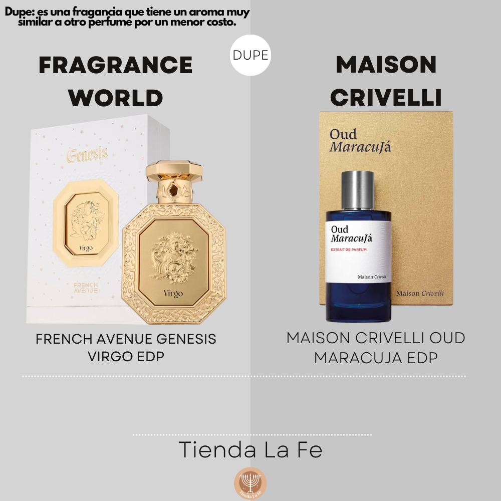 FRAGRANCE WORLD FRENCH AVENUE GENESIS VIRGO EDP 90ML (U) (DUPE MAISON CRIVELLI OUD MARACUJA EDP)