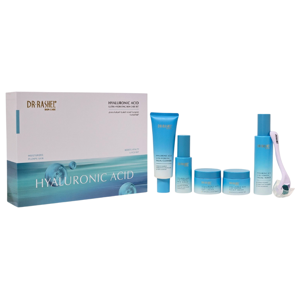 SET DE CUIDADO FACIAL DE 6 PIEZAS ULTRA HIDRATANTE CON ACIDO HIALURONICO DR RASHEL, LIMPIADOR FACIAL 120G, TONICO 100ML, SUERO 50ML, CREMA DIA 50G, CREMA NOCHE 50G Y DERMAROLLER