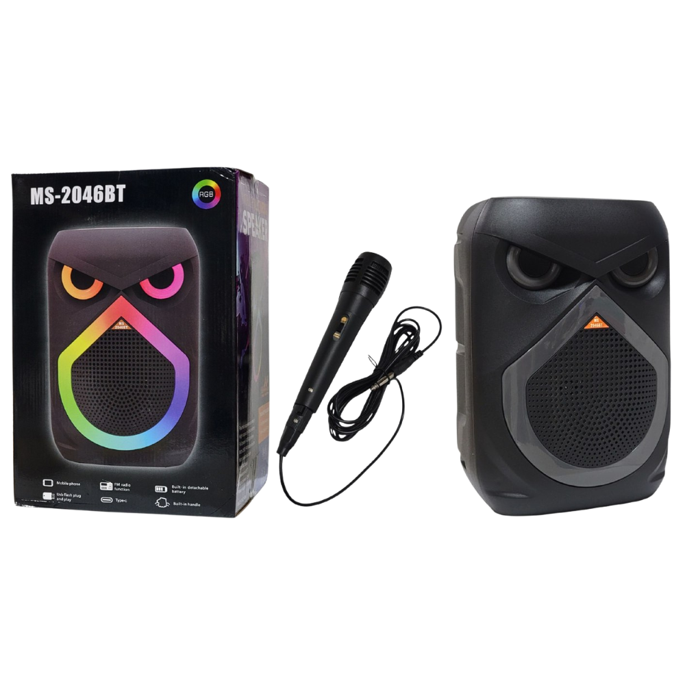 PARLANTE ALTAVOZ INALAMBRICO CON LUCES RGB DE PANEL COMPLETO, BATERIA DE ALTA CAPACIDAD Y 25W DE POTENCIA, SONIDO ENVOLVENTE Y MICROFONO PARA KARAOKE MS-2046BT