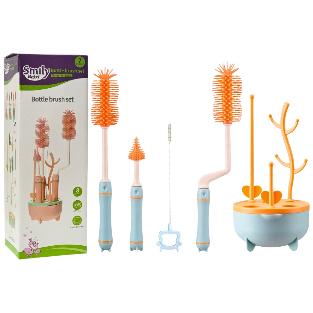 CEPILLO DE LIMPIEZA PARA BIBERON EN SET DE 7 PIEZAS, MATERIAL DE GRADO ALIMENTICIO FLEXIBLE MULTICONTACTO SMILY BABY