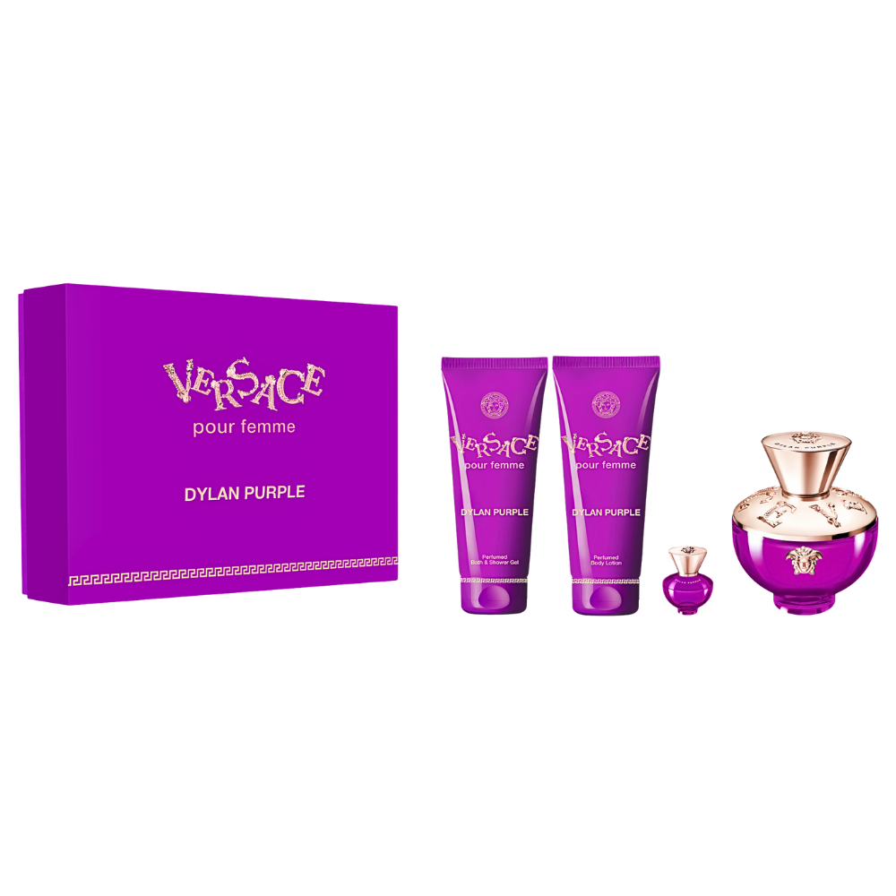 SET VERSACE DYLAN PURPLE EDP 100ML, EDP 5ML, SHOWER GEL 100ML, BODY LOTION 100ML (M)