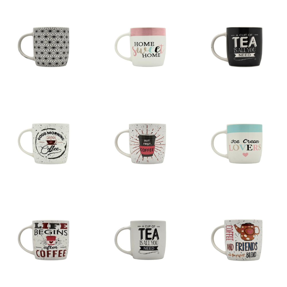 TAZAS DE CERAMICA DE ALTA RESISTENCIA CON ACABADO BRILLANTE Y DISEÑO ERGONOMICO 330ML, 9 ESTILOS