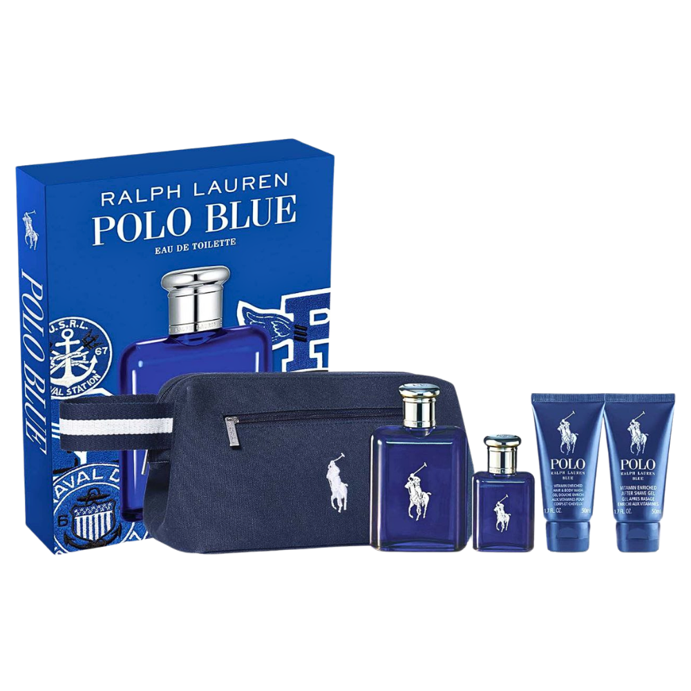 SET RALPH LAUREN POLO BLUE EDT 125ML EDT 40ML GEL DE DUCHA 50ML GEL AFTER SHAVE 5OML Y CARTERITA (H)