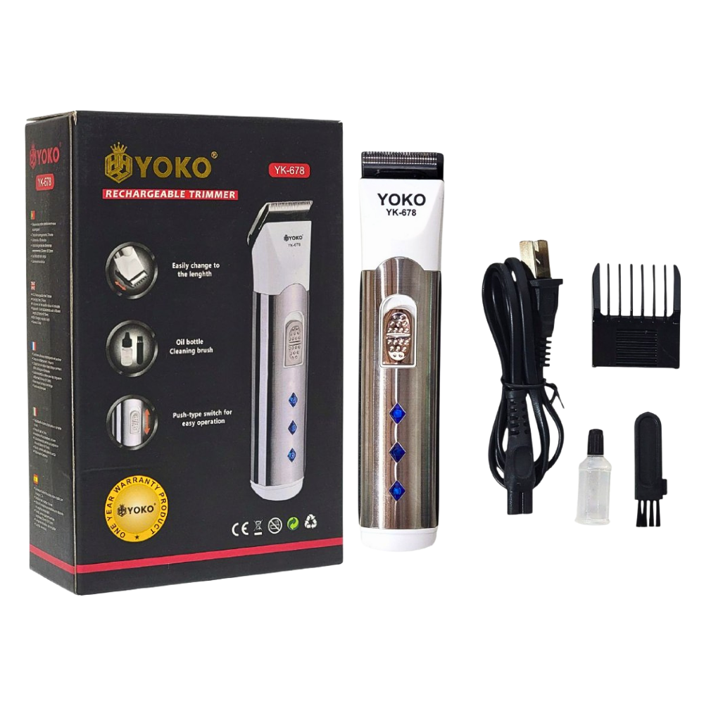 MAQUINA CORTADORA DE PELO PROFESIONAL RECARGABLE, CAMBIO FACIL DE LONGITUD, VARIOS ACCESORIOS, INTERRUPTOR PUILSADOR FACIL OPERACION YOKO YK-678