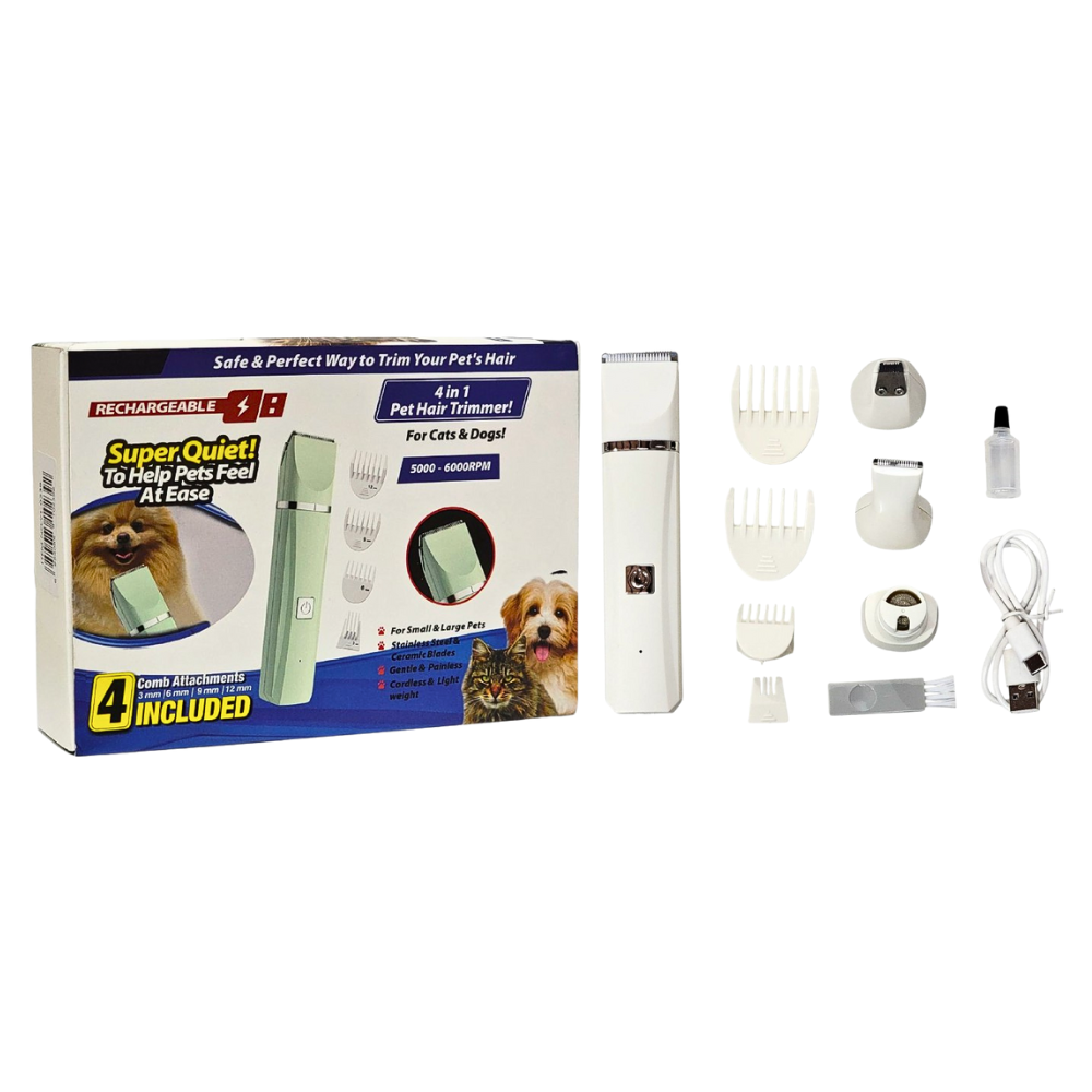 MAQUINA CORTADORA DE PELO PARA MASCOTAS 4 EN 1, PERROS, GATOS, ETC, SUPER SILENCIOSO COMODO, CUCHILLA DE ACERO INOXIDABLE Y CERAMICA 4 EN 1 PET HAIR TRIMMER