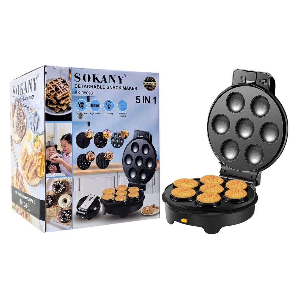 MAQUINA DE SNACKS CHUCHERIAS, DESMONTABLE 5 EN 1, POTENCIA 1000W, FACIL DE LIMPIAR, CALEFACCION DOBLE CARA SOKANY SK-08093