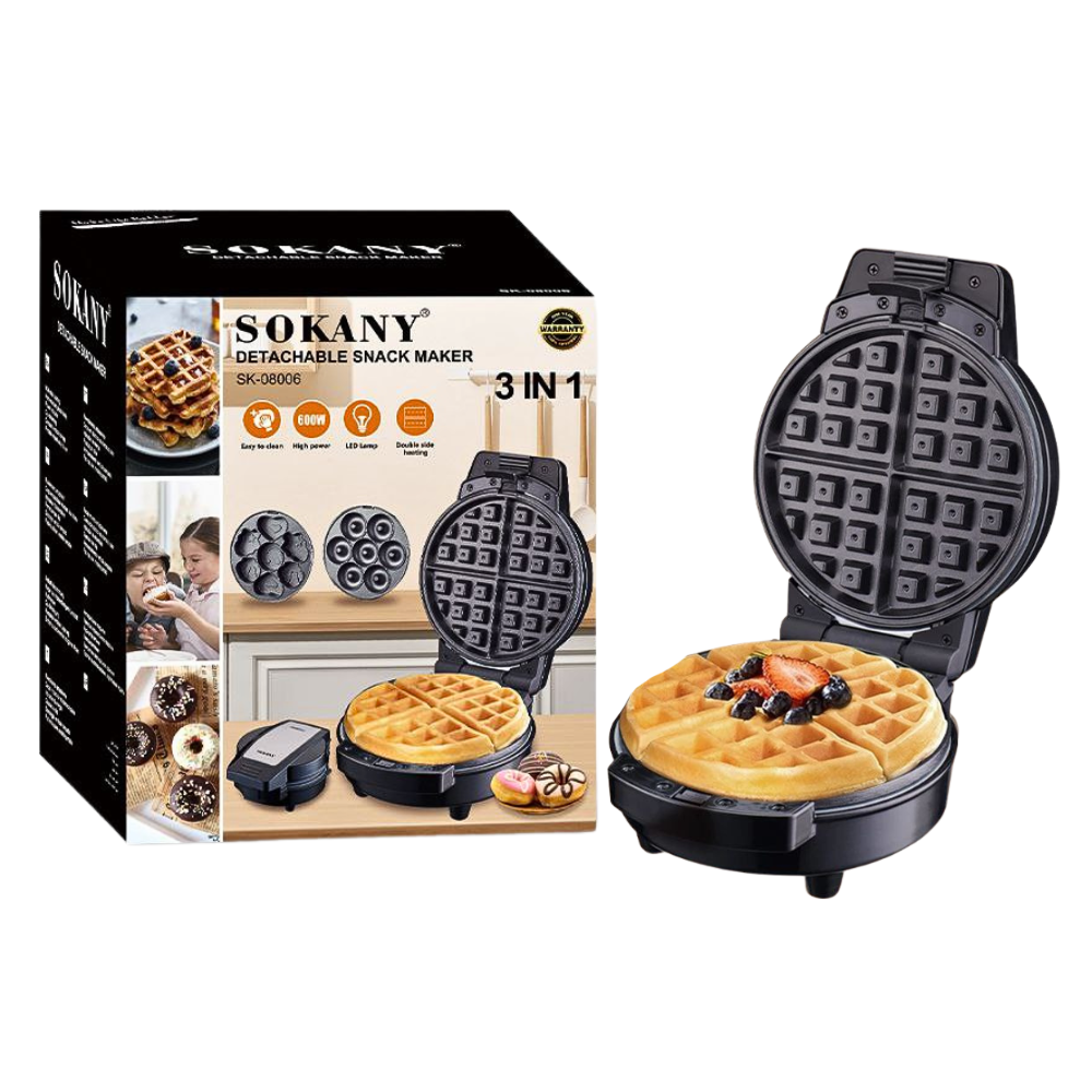 MAQUINA PARA HACER SNACKS CHUCHERIAS DESMONTABLE 3 EN 1, WAFFLES, MINI DONAS, CUPCAKES, FACIL DE LIMPIAR, ALTA POTENCIA, CALEFACCION DOBLE CARA SOKANY SK-08006