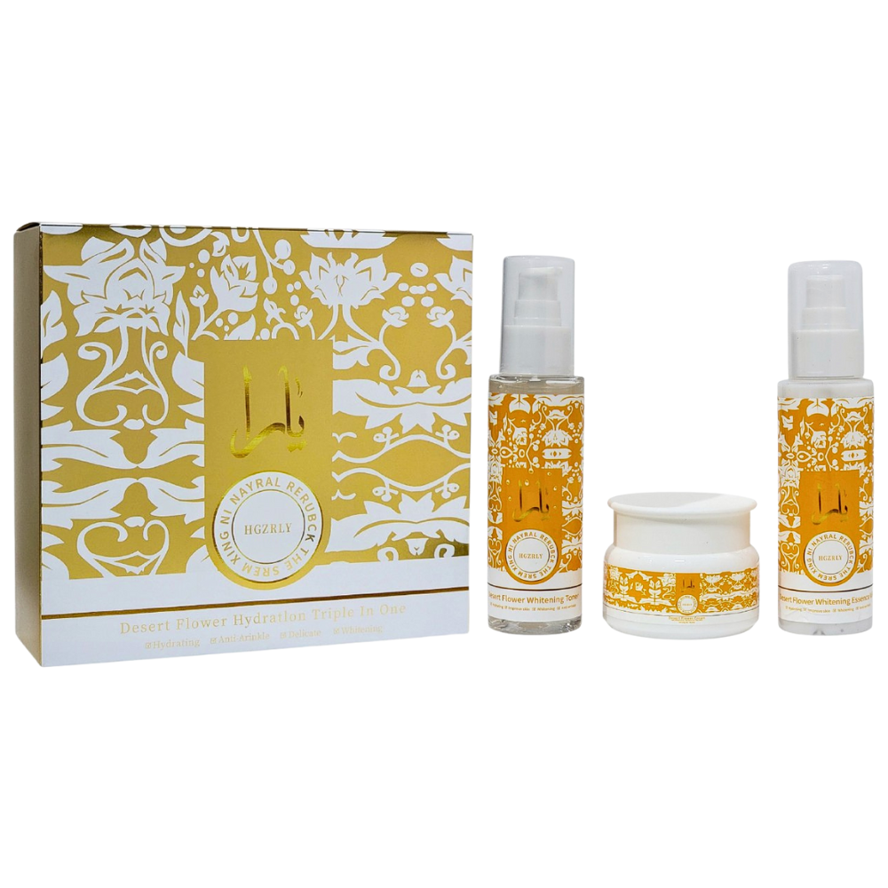 CREMA FACIAL EN SET DE CUIDADO FACIAL, HIDRATACION TRIPLE EN UNO FLOR DEL DESIERTO ANTIARRUGAS Y BLANQUEADOR, TONICO 100ML, LECHE ESENCIAL 100ML, CREMA FACIAL 50G HGZRLY DUPE DE LATTAFA YARA TOUS