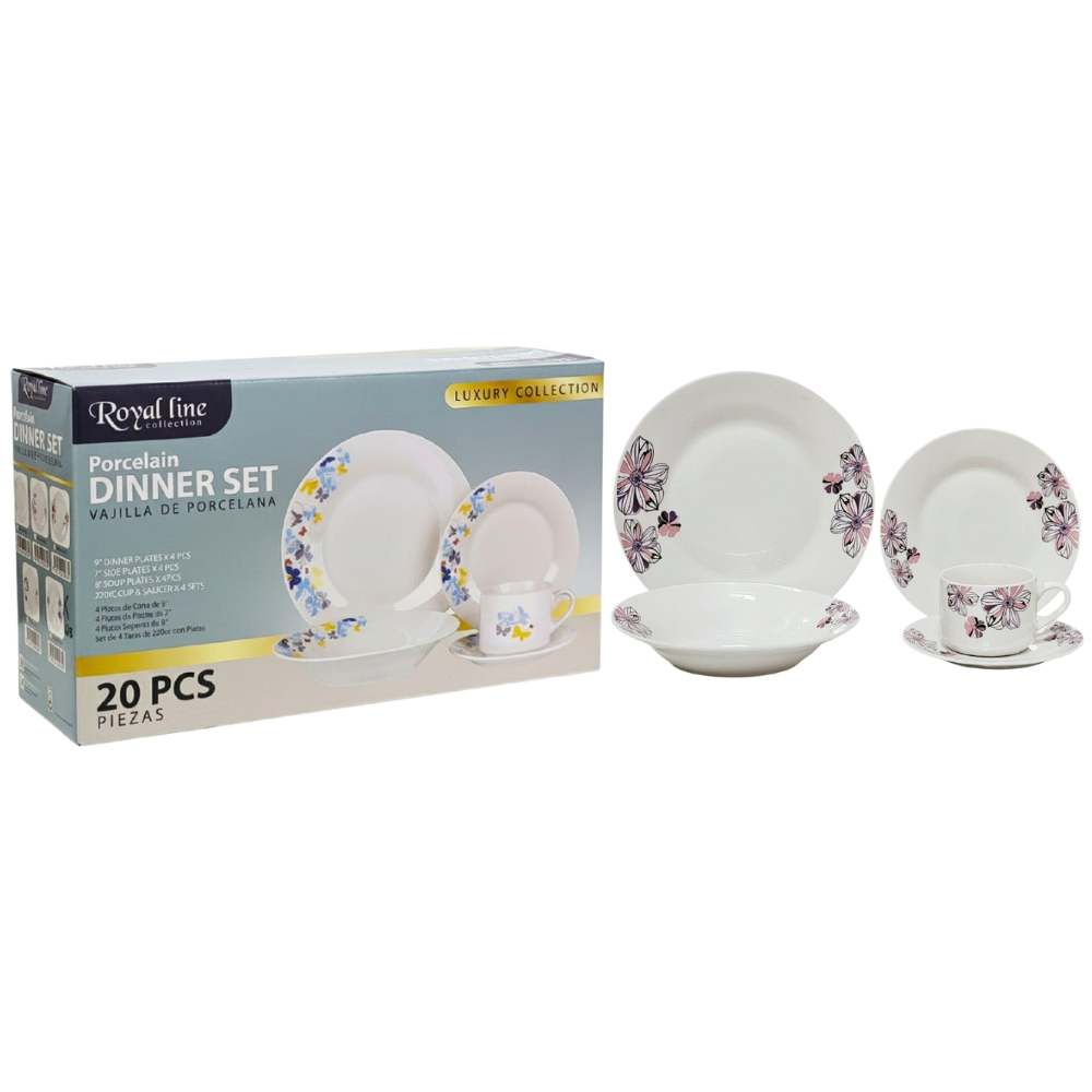 PLATOS JUEGO DE VAJILLA DE PORCELANA ELEGANTES ROYAL LINE DE 20 PIEZAS