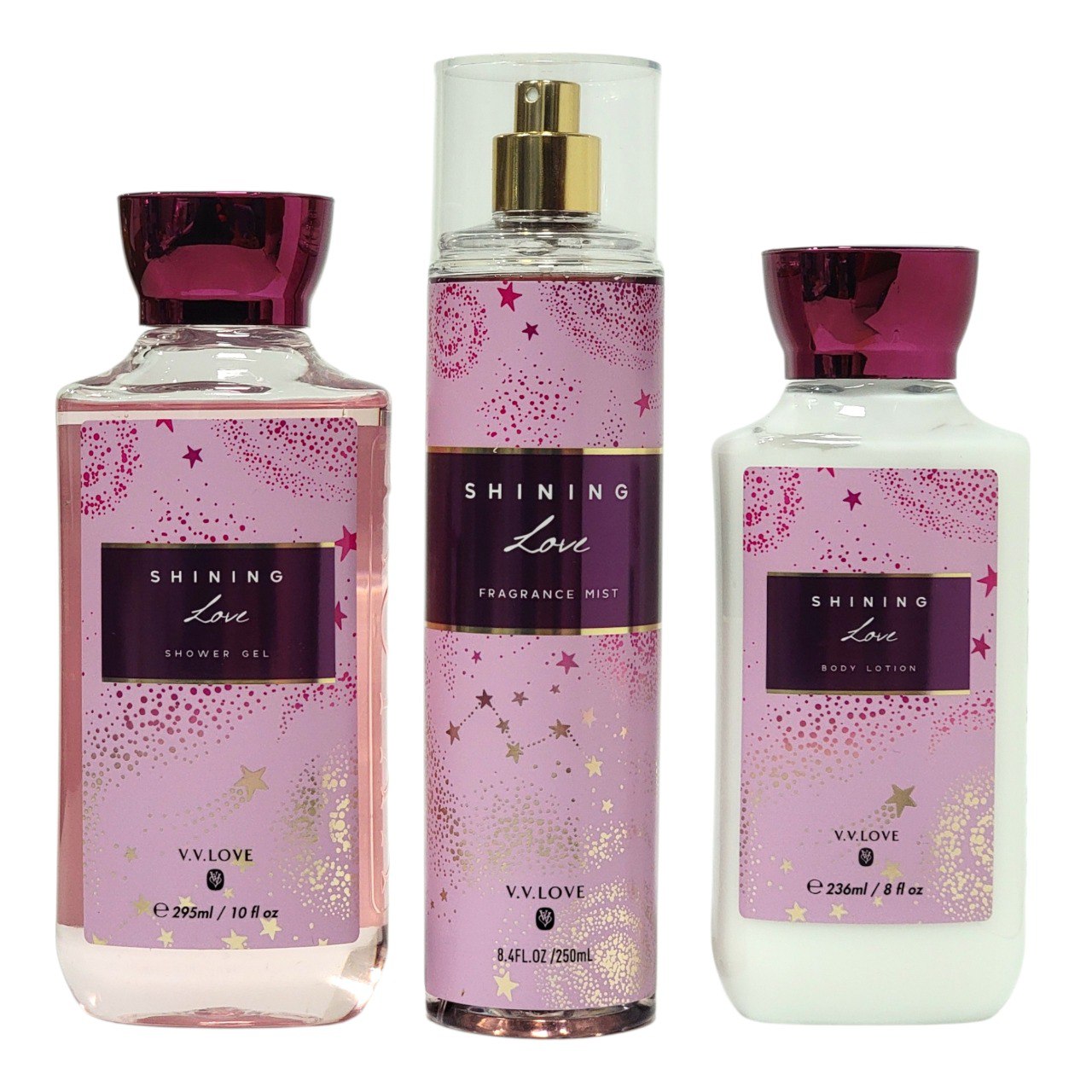 SET DE SPLASH, GEL DE DUCHA Y CREMA CORPORAL SHINING V.V. LOVE (DUPE DE A THOUSAND WISHES BATH & BODY WORKS)