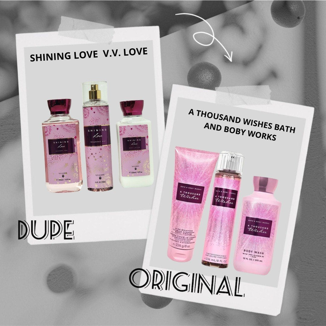 SET DE SPLASH, GEL DE DUCHA Y CREMA CORPORAL SHINING V.V. LOVE (DUPE DE A THOUSAND WISHES BATH & BODY WORKS)