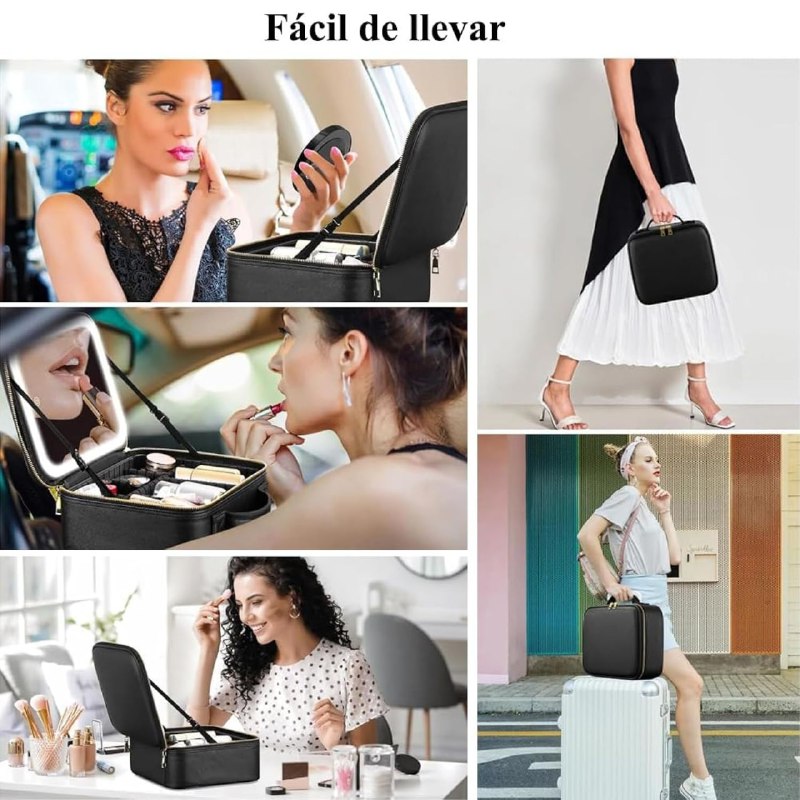 ESTUCHE ORGANIZADOR DE MAQUILLAJE CON ESPEJO LED 3 MODOS DE ILUMINACION, RESISTENTE AL POLVO Y AGUA, CORREA AJUSTABLE, 3 COLORES ACCESOIRES BEAUTE