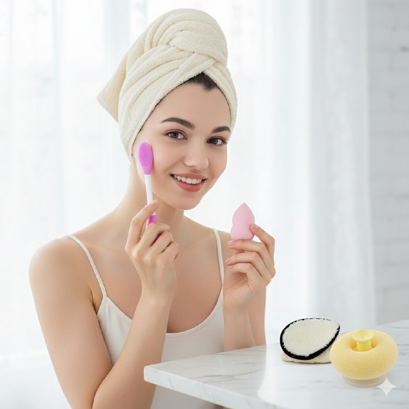 KIT DE CUIDADO FACIAL, TOALLA PARA EL PELO, ESPONJA DE MAQUILLAJE, CEPILLO DE SILICONA FACIAL, ALMOHADILLA DESMAQUILLANTE, ESPONJA EXFOLIANTE SWEET BEAUTY, 5 COLORES
