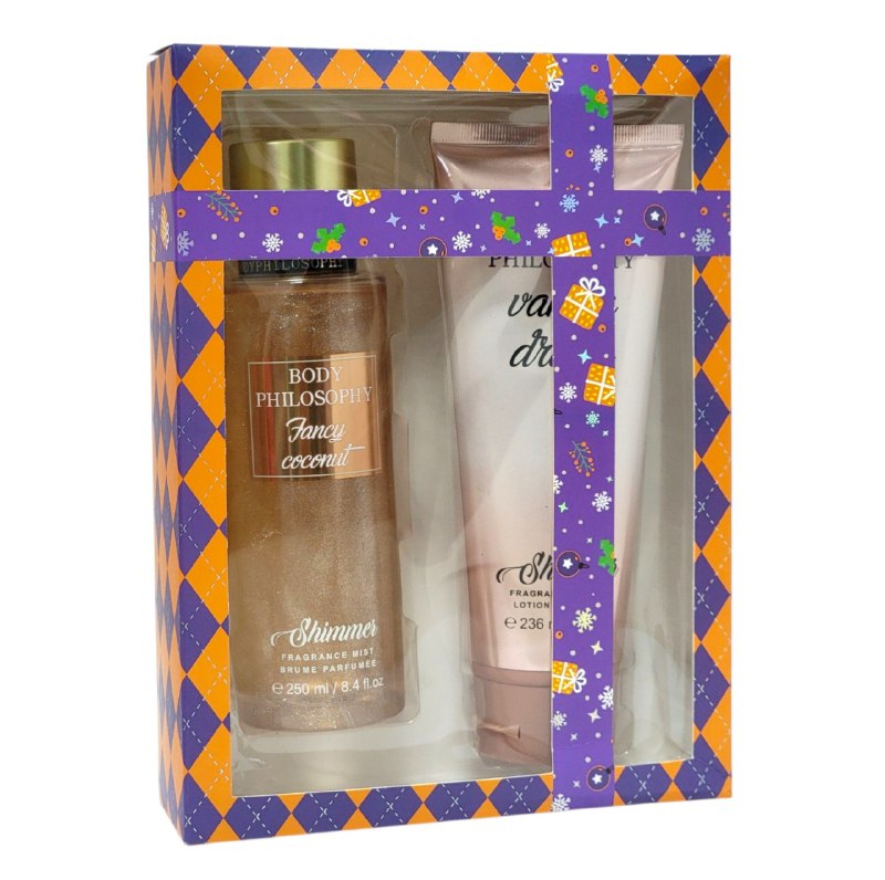 SET BODY PHILOSOPHY NAVIDEÑO COCO ELEGANTE Y VAINILLA DE ENSUEÑO SPLASH 250ML, CREMA CORPORAL 236ML (M)