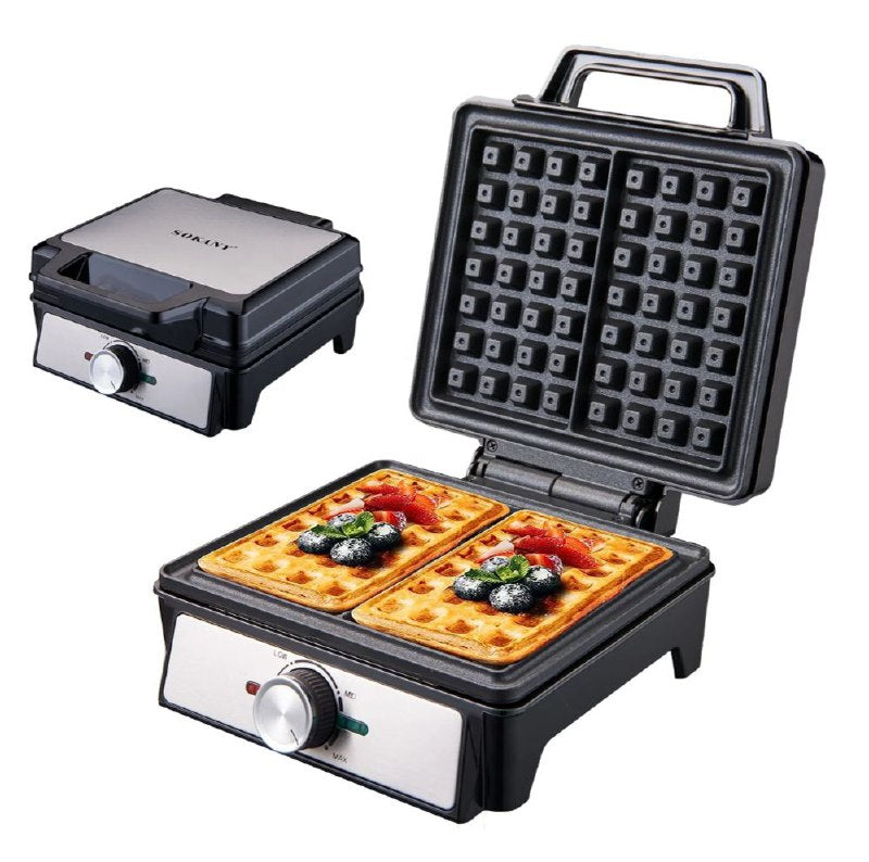 MAQUINA WAFFLERA SK-08025, RECUBRIMIENTO ANTIADHERENTE, PLASTICO RESISTENTE AL CALOR, INDICADOR DE ENCENDIDO, 1200W FUERZA, CALEFACCION DE DOBLE CARA SOKANY