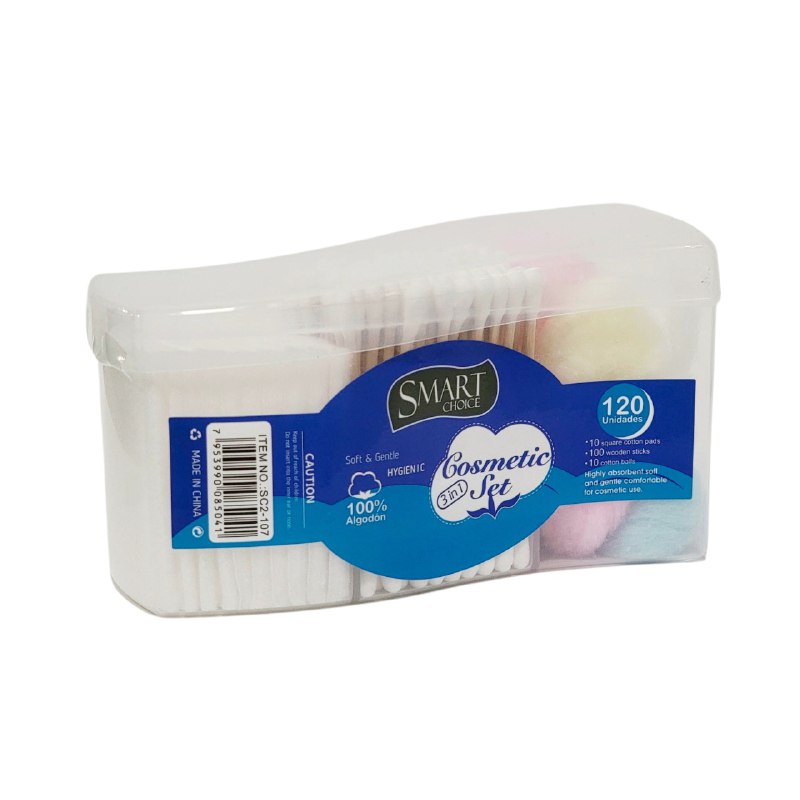 SET COSMETICO DE CUIDADO FACIAL HISOPOS, ALMOHADILLAS Y ALGODON TODO EN UNO SMART CHOICE 120UND