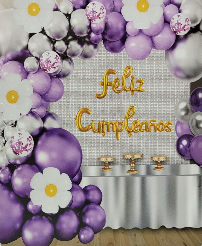 DECORACION PARA CUMPLEAÑOS EN SET COMPLETO, MANTEL METALICO, 2 CORTINAS, 105 GLOBOS