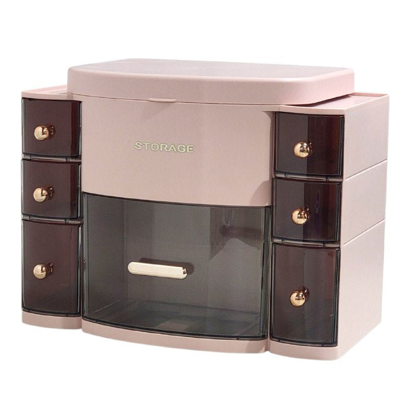 ORGANIZADOR ESTANTE DE COSMETICOS, MAQUILLAJE CON 8 COMPARTIMIENTOS, ESPEJO CON LUZ LED 3 MODOS DE INTENSIDAD, COLOR ROSADO STORAGE