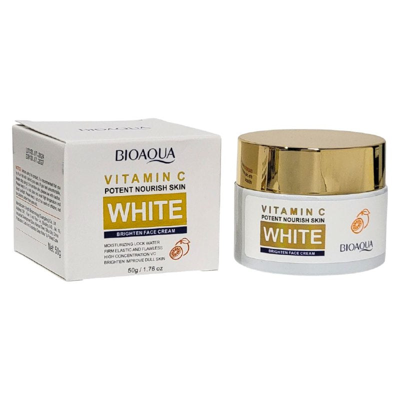 CREMA FACIAL ILUMINADORA BLANCA CON VITAMINA C, TEXTURA CREMOSA Y SUAVE, HIDRATANTE NO GRASOSA BIOAQUA 50G