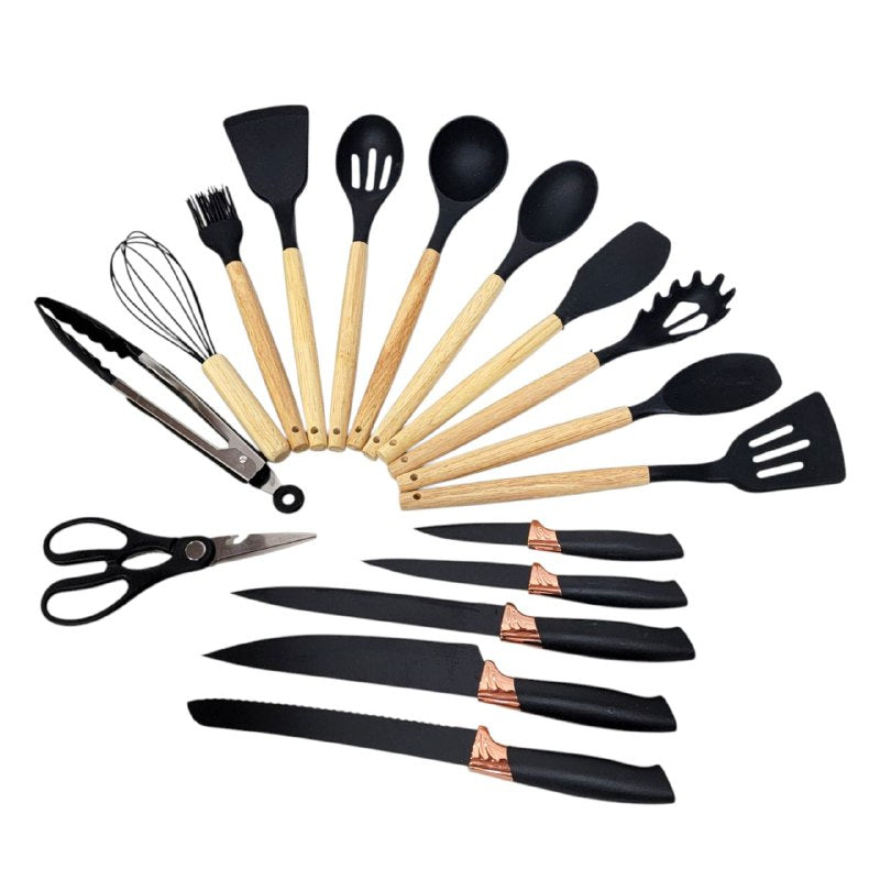 JUEGO DE CUCHILLOS DE COCINA, UTENSILIOS DE COCINA, CUCHARAS DE 18 PIEZAS, DE SILICONA CON SOPORTE DE PLASTICO, AGARRE COMODO, LIGUERO Y PRACTICO, AFILADO Y DURADERO 3 COLORES KITCHENWARE