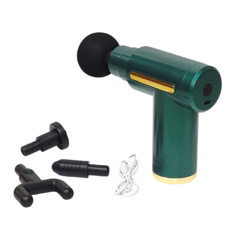 MAQUINA PISTOLA ELECTRICA DE MASAJE INALAMBRICO Y RECARGABLE, POTENCIA COMPACTA DE 4 CABEZAS INTERCAMBIABLES MOTOR 30W, VOLTAJE 5V 132X134X50MM MASSAGE GUN