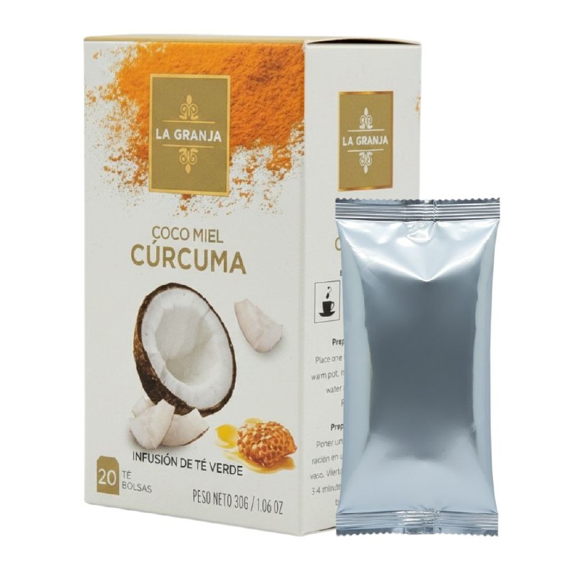 TE VERDE EN INFUSION DE COCO MIEL Y CURCUMA SIN CAFEINA PARA LA ENERGIA Y ALIVIA ESTRES Y ANSIEDAD LA GRANJA 20UND
