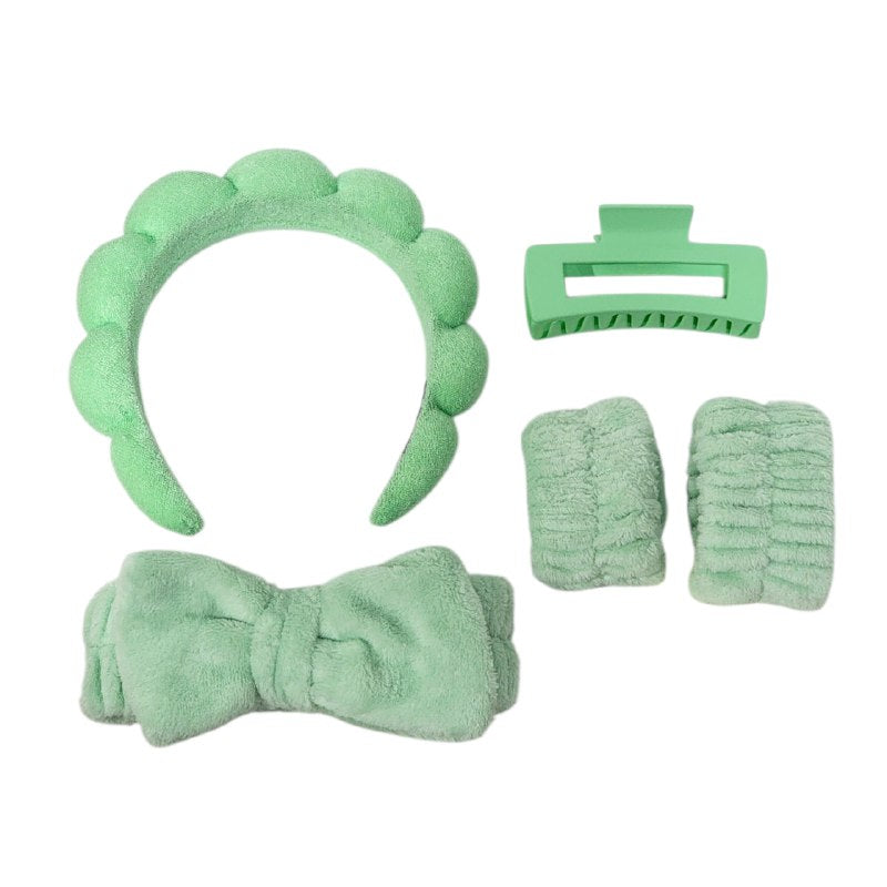 KIT DE CUIDADO FACIAL, GANCHO, DIADEMAS Y MUÑEQUERAS SKIN CARE, 5 COLORES