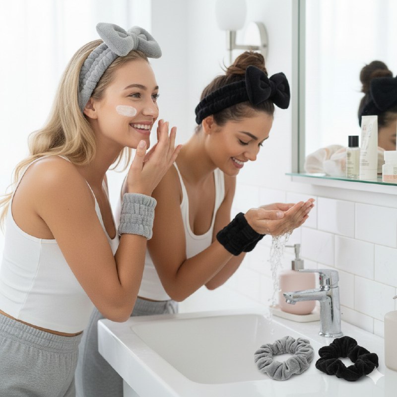 KIT DE CUIDADO FACIL, VINCHA ELASTICA CON MOÑO, PAR DE COLAS DE PELO Y MUÑEQUERAS DE MICROFIBRA, 6 COLORES