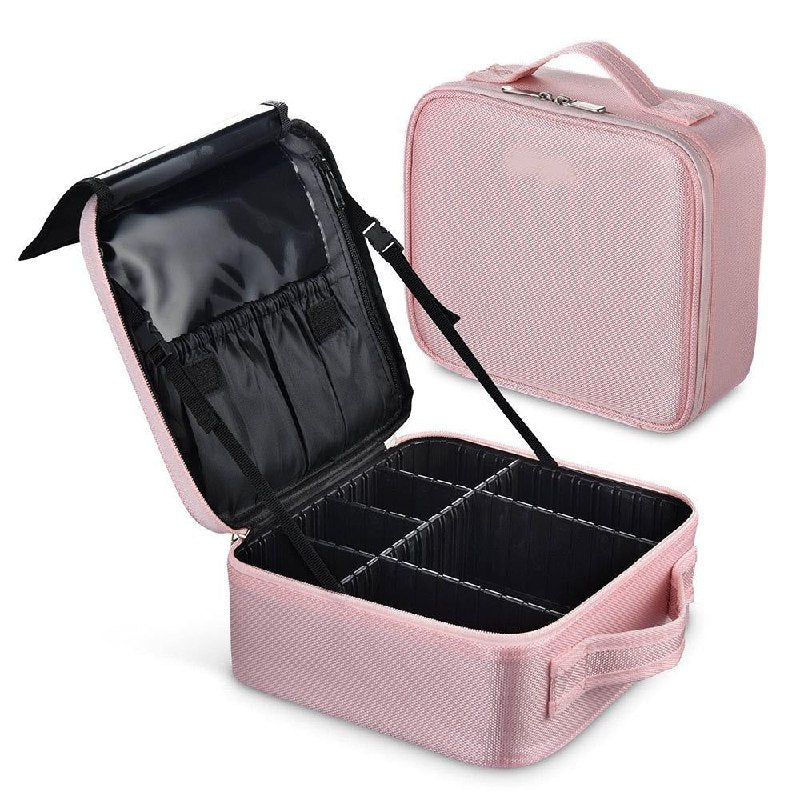 ORGANIZADOR ESTUCHE DE MAQUILLAJE PORTATIL CON SEPARADORES AJUSTABLES ROSADO 26x23x10CM