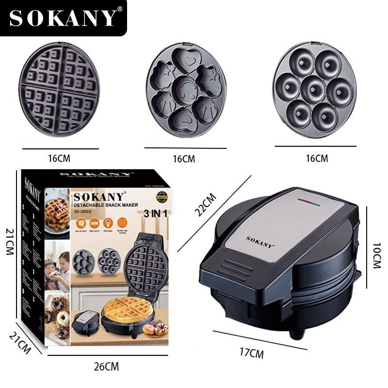 MAQUINA PARA HACER SNACKS CHUCHERIAS DESMONTABLE 3 EN 1, WAFFLES, MINI DONAS, CUPCAKES, FACIL DE LIMPIAR, ALTA POTENCIA, CALEFACCION DOBLE CARA SOKANY SK-08006