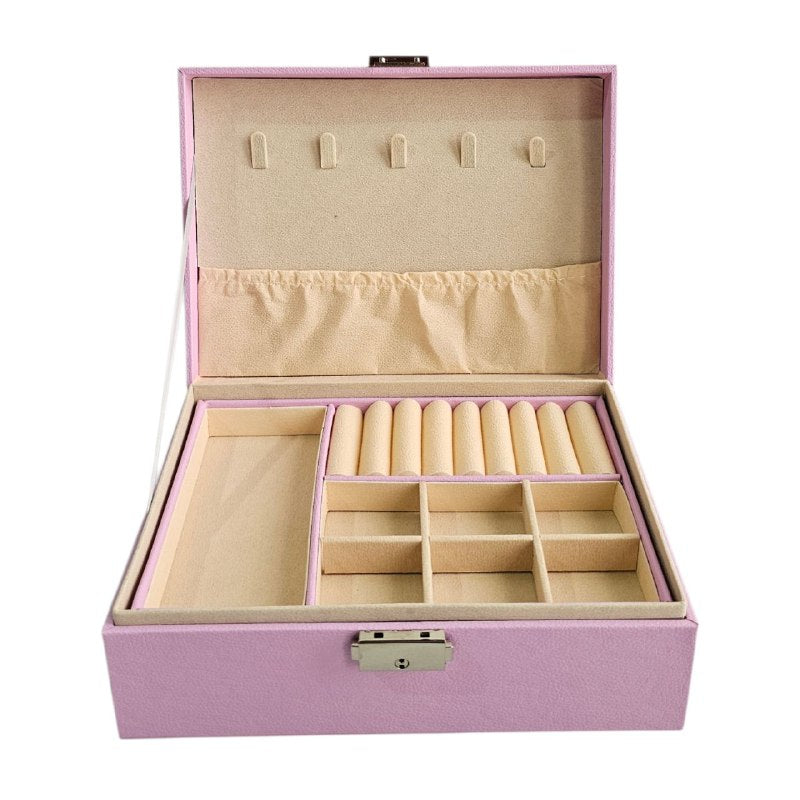 ORGANIZADOR JOYERO DE CUERO SINTETICO CON MULTIPLES COMPARTIMIENTOS Y CIERRE CON LLAVE 20X18X10CM