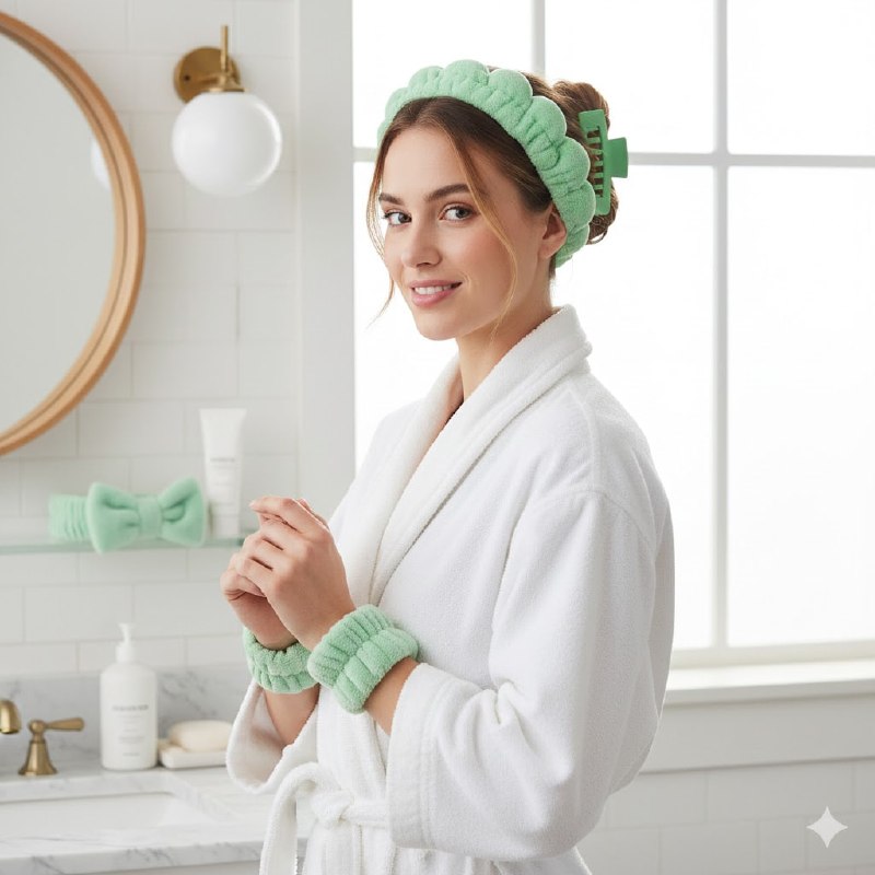 KIT DE CUIDADO FACIAL, GANCHO, DIADEMAS Y MUÑEQUERAS SKIN CARE, 5 COLORES