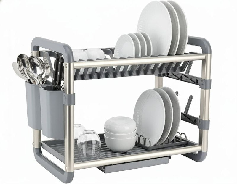 ESTANTE ORGANIZADOR Y ESCURRIDOR DE COCINA DE 2 NIVELES CON BANDEJAS DE DRENAJE EXTRAIBLES 60.9X26.7X34.2CM DISH RACK