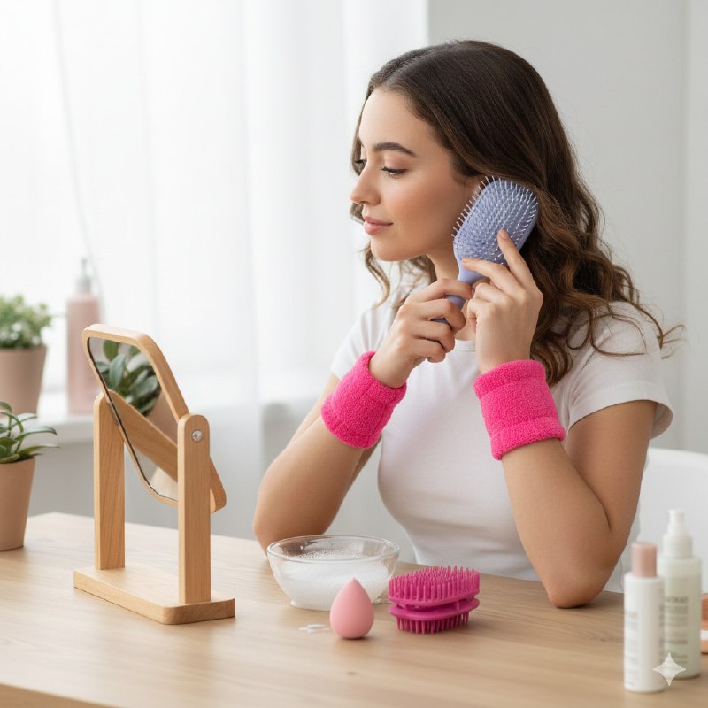 KIT DE CUIDADO PERSONAL, CEPILLO, 1 PAR DE MUÑEQUERAS, ESPONJA, MASAJEADOR CAPILAR KISS LOVELY