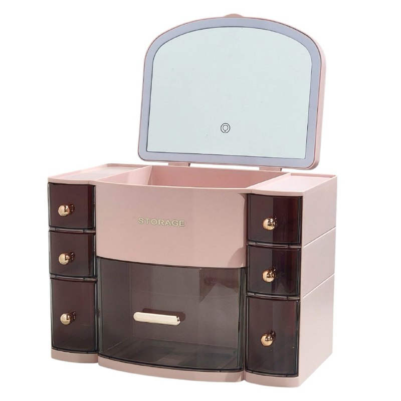 ORGANIZADOR ESTANTE DE COSMETICOS, MAQUILLAJE CON 8 COMPARTIMIENTOS, ESPEJO CON LUZ LED 3 MODOS DE INTENSIDAD, COLOR ROSADO STORAGE