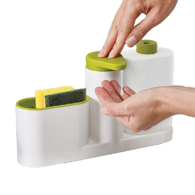 DISPENSADOR DE JABON LIQUIDO PARA COCINA, BAÑO,ETC, CON ORGANIZADOR PARA ESPONJAS Y CEPILLOS, MANTIENE ORDENADO TUS ESPACIOS